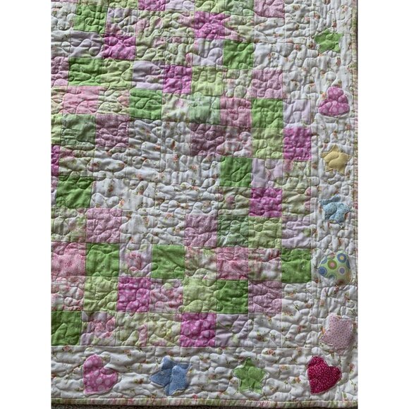 Handmade Patchwork Baby Quilt Pink & Green Floral /Star / Heart Reversible - Picture 12 of 16